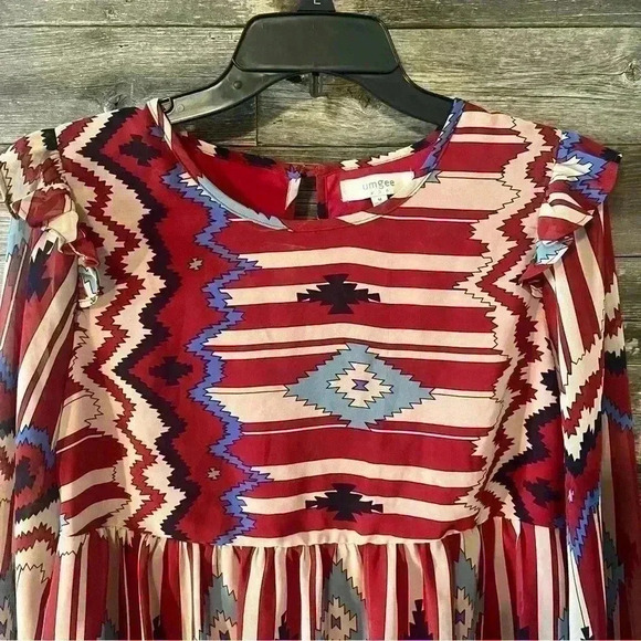 UMGEE Tribal Print Dress Womens M Aztec Red Empire Waist Lined Drapy Roomy - Picture 10 of 10